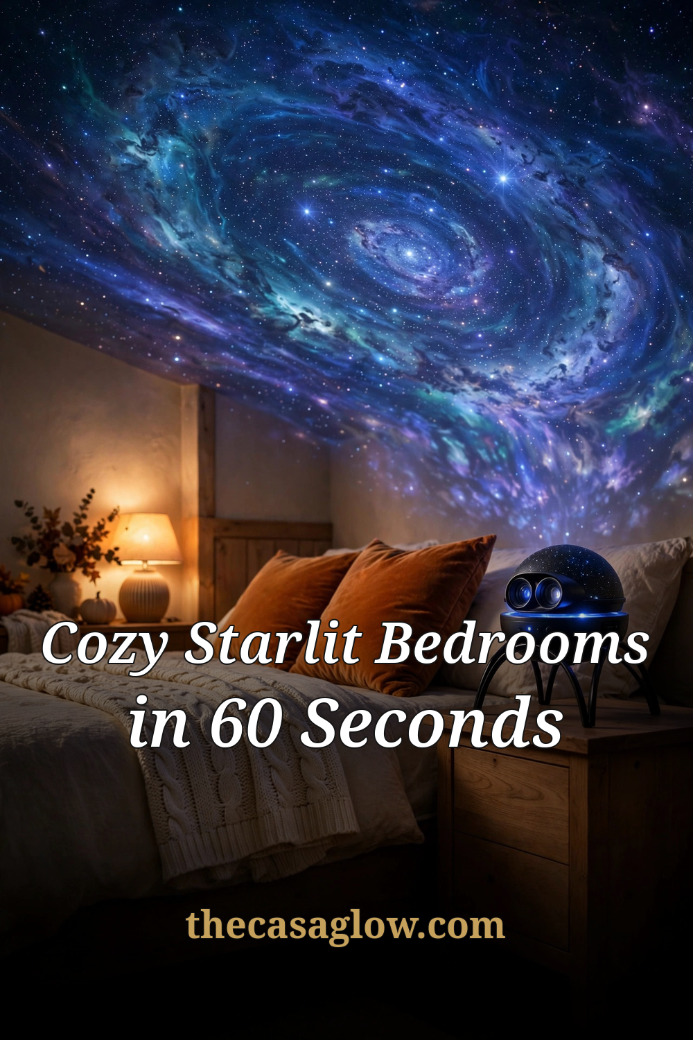 Cozy fall bedroom at night with galaxy star projection across the ceiling, Rossetta projector on nightstand, serif headline Cozy Starlit Bedrooms in 60 Seconds and thecasaglow.com footer