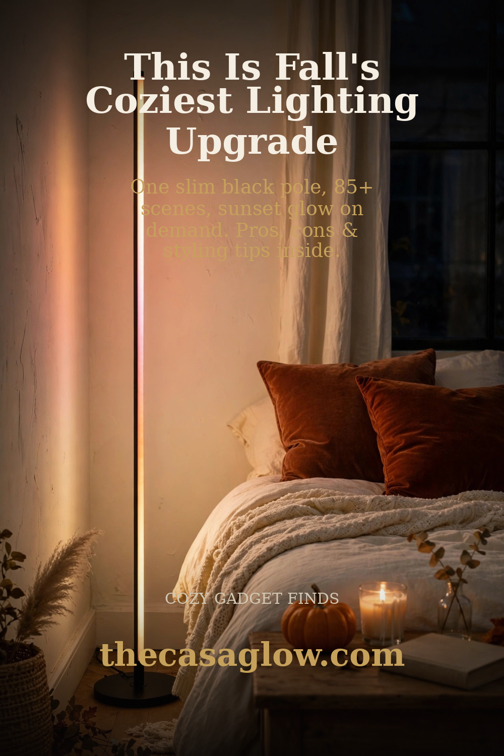 Govee RGBIC floor lamp in sunset glow by fall bedroom, pin headline: This is fall's coziest lighting upgrade