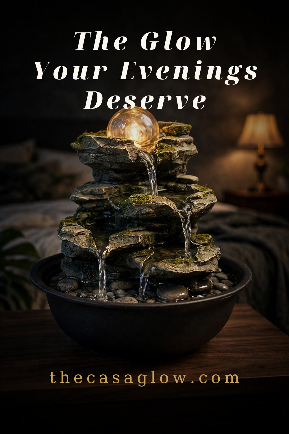 BBabe rock waterfall fountain with glowing crystal orb on a wooden side table