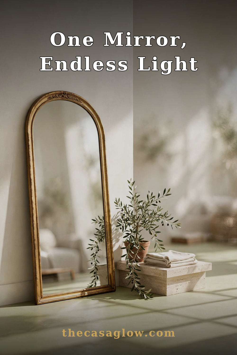 Arched gold mirror in a sunlit living room with olive tree