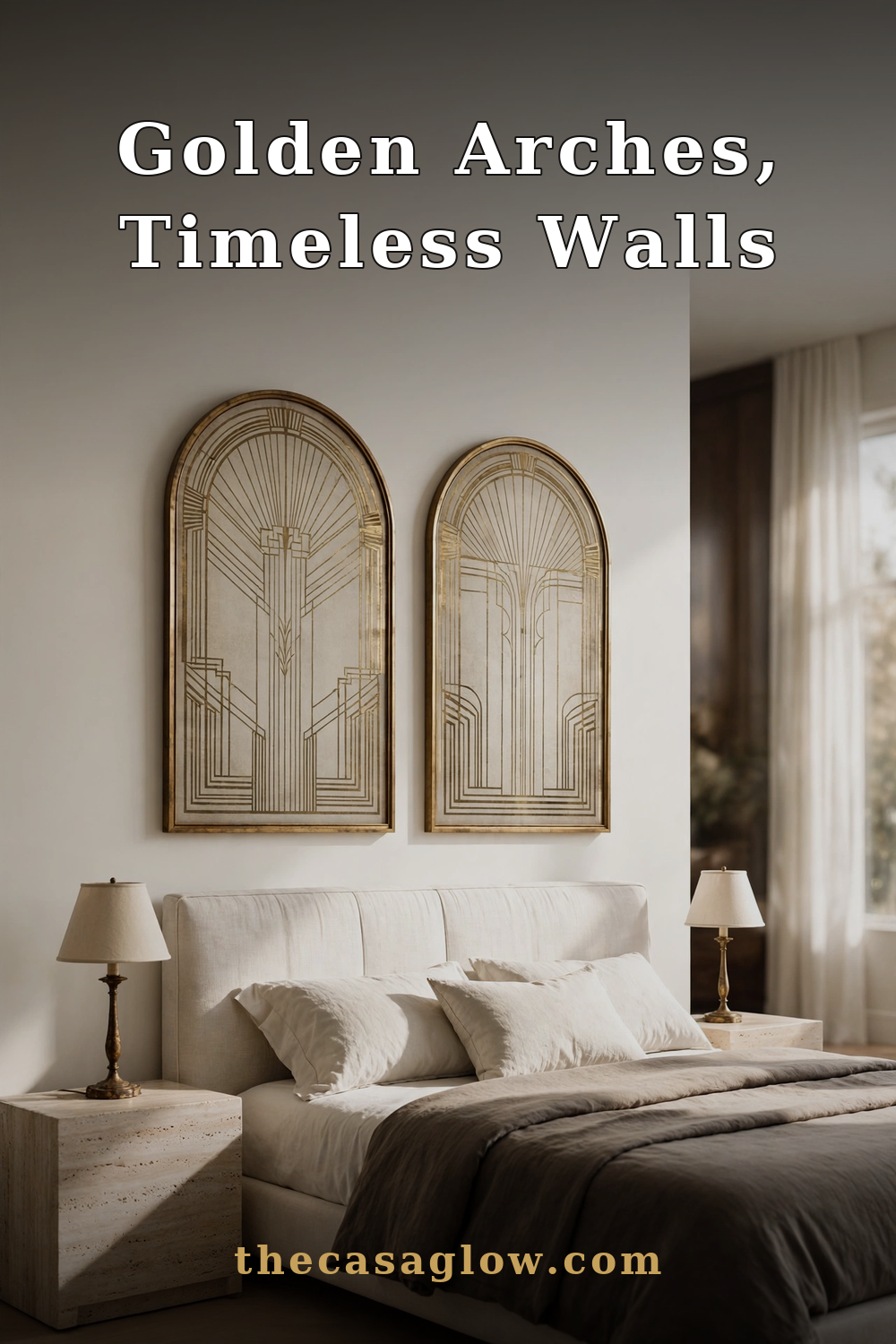 Three piece gold framed wall art prints above a bed