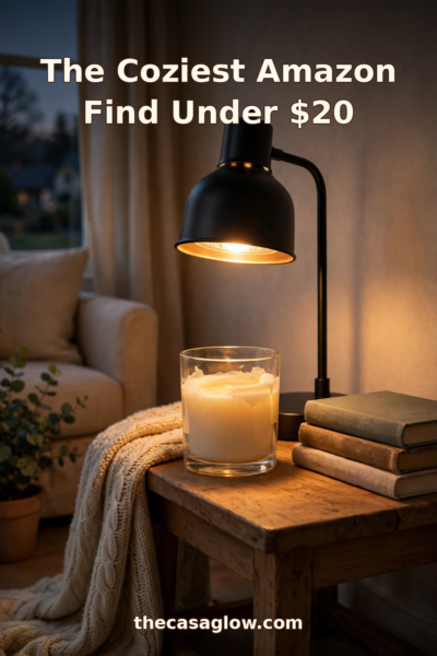 Candle warmer lamp glowing beside a cozy fall candle setup