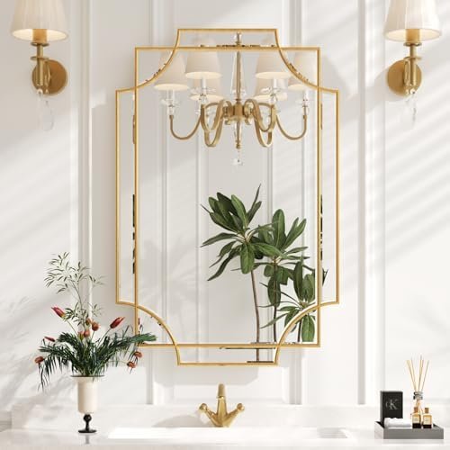 Kelly Miller 24x36 gold scalloped mirror over a dark wood bathroom vanity