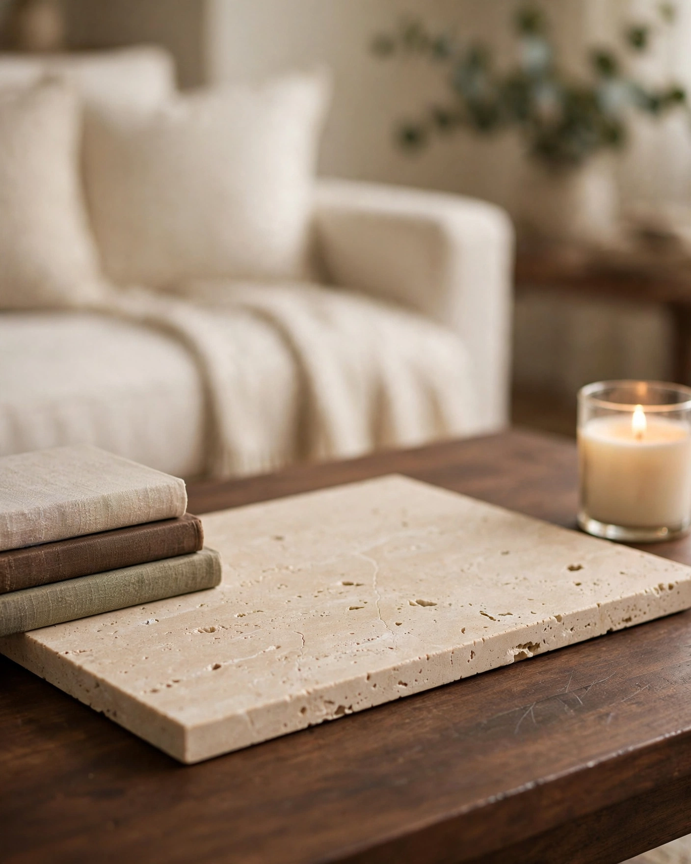 Rectangular beige travertine stone coffee-table tray