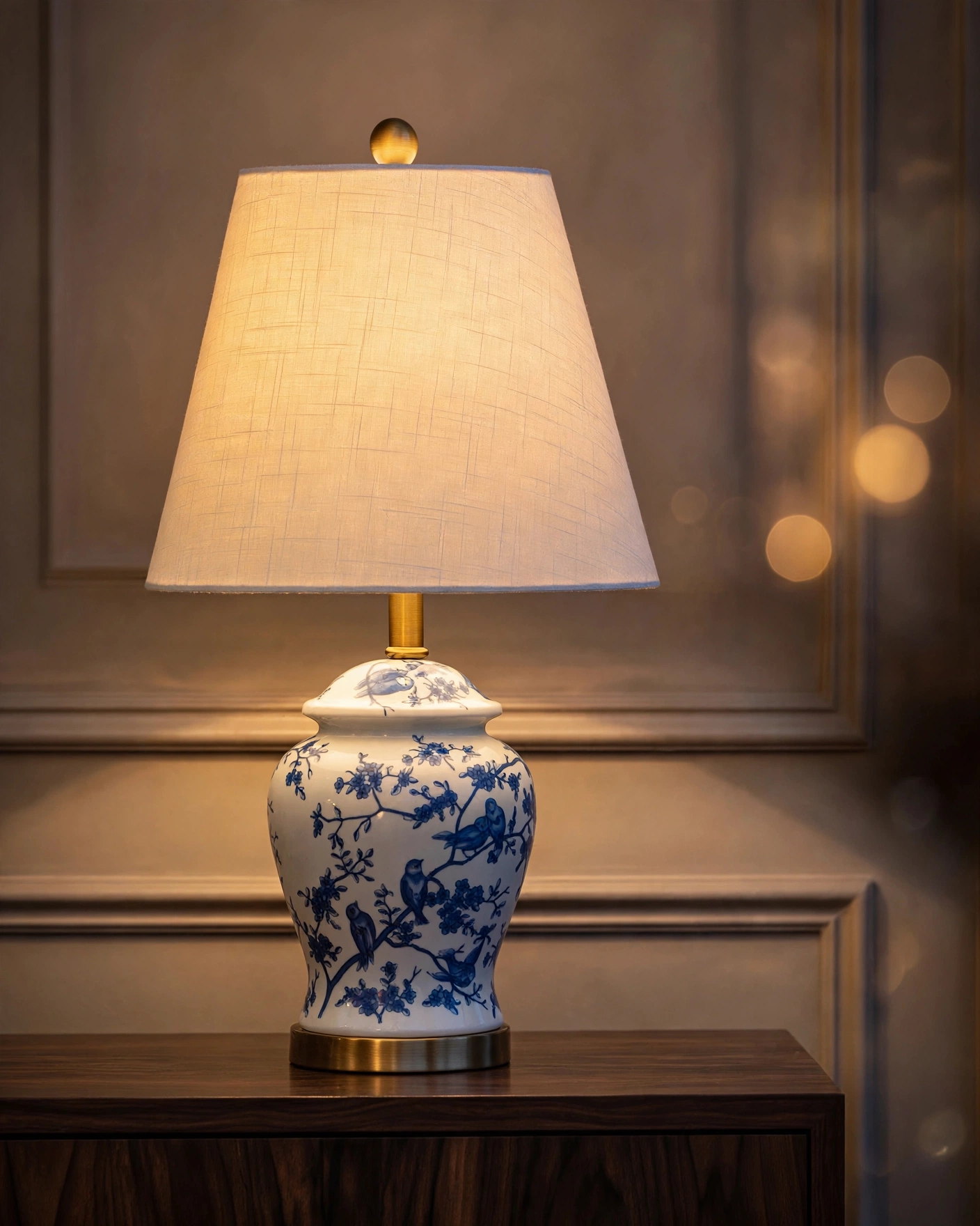 JONATHAN Y Penelope blue and white hand-painted ginger jar table lamp with tapered white linen shade