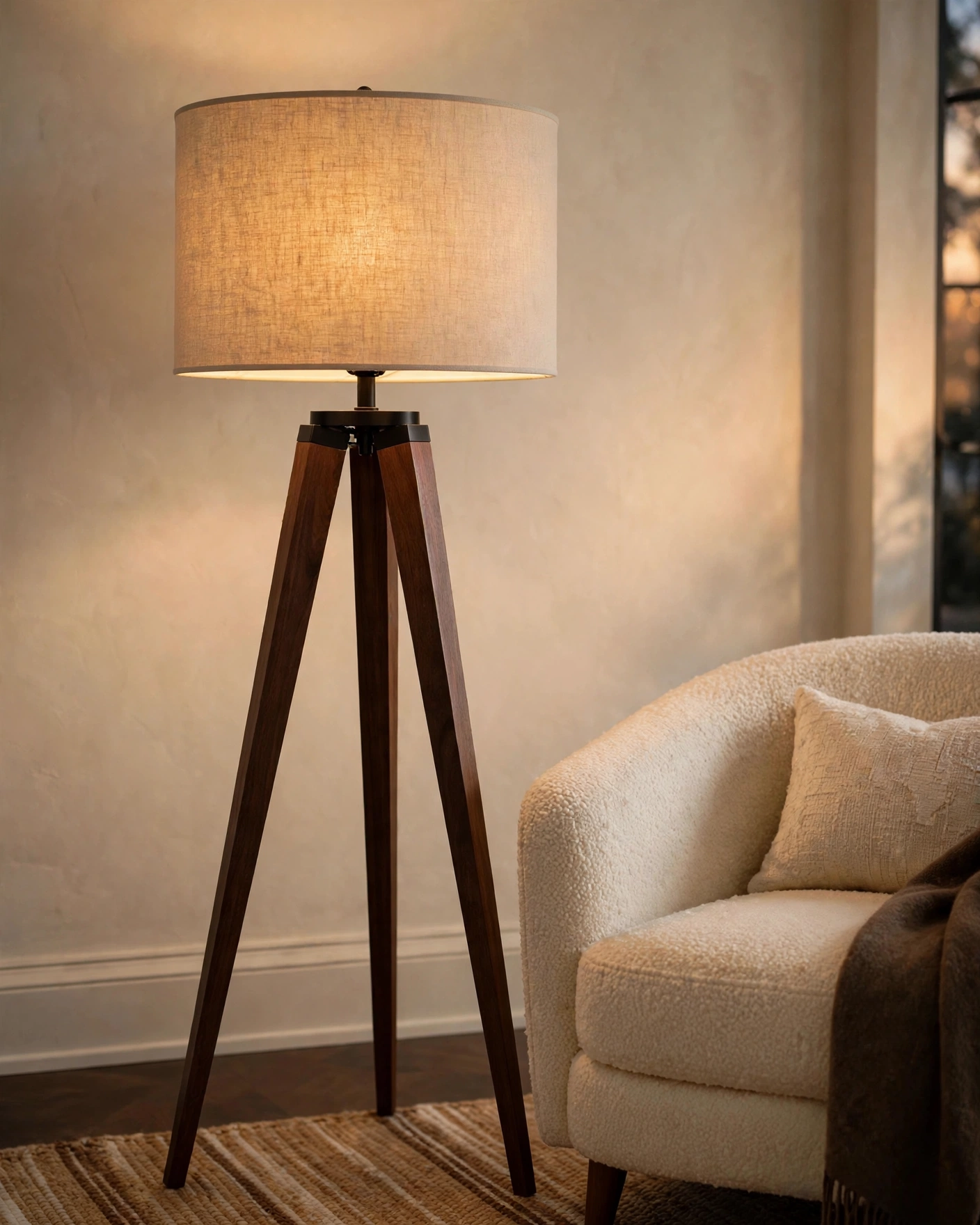 LEPOWER wood tripod floor lamp with walnut splayed legs and flaxen linen drum shade