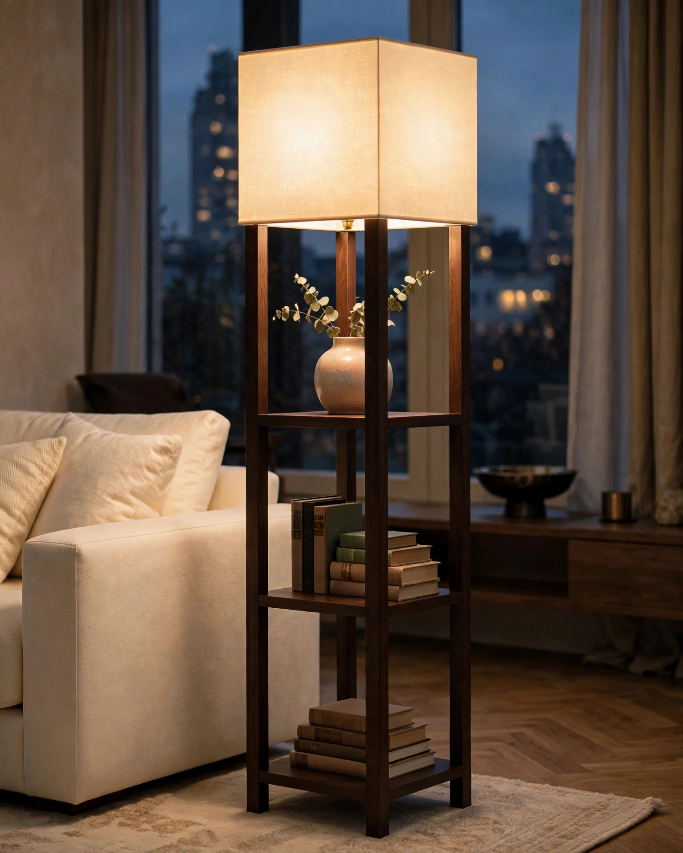 Brightech Maxwell shelf floor lamp in dark Havana finish with three open shelves and square fabric shade