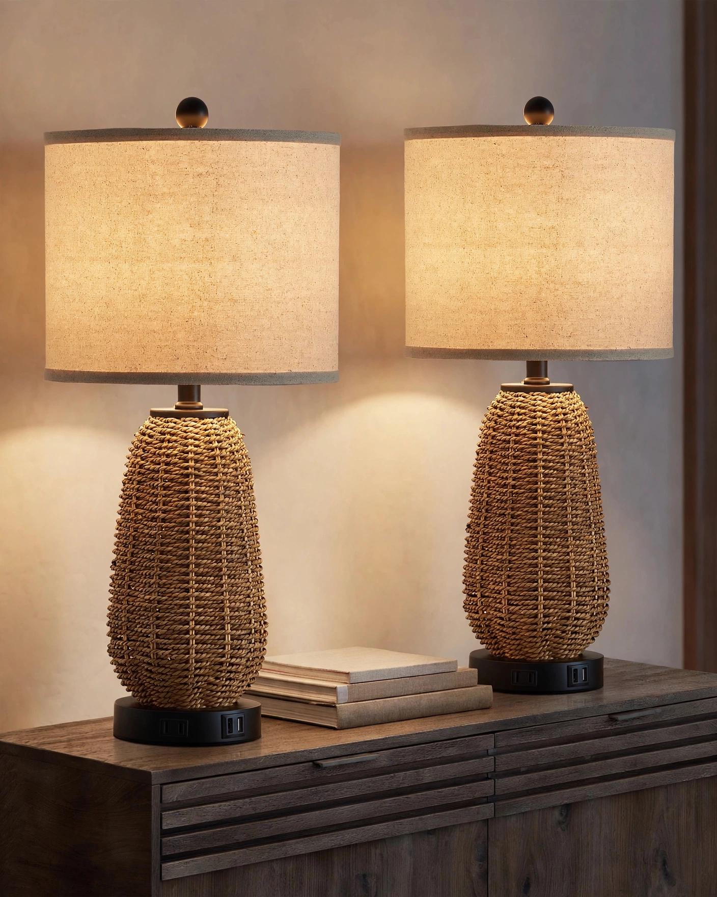 CINSARY pair of hand-woven natural rattan table lamps with warm beige linen drum shades