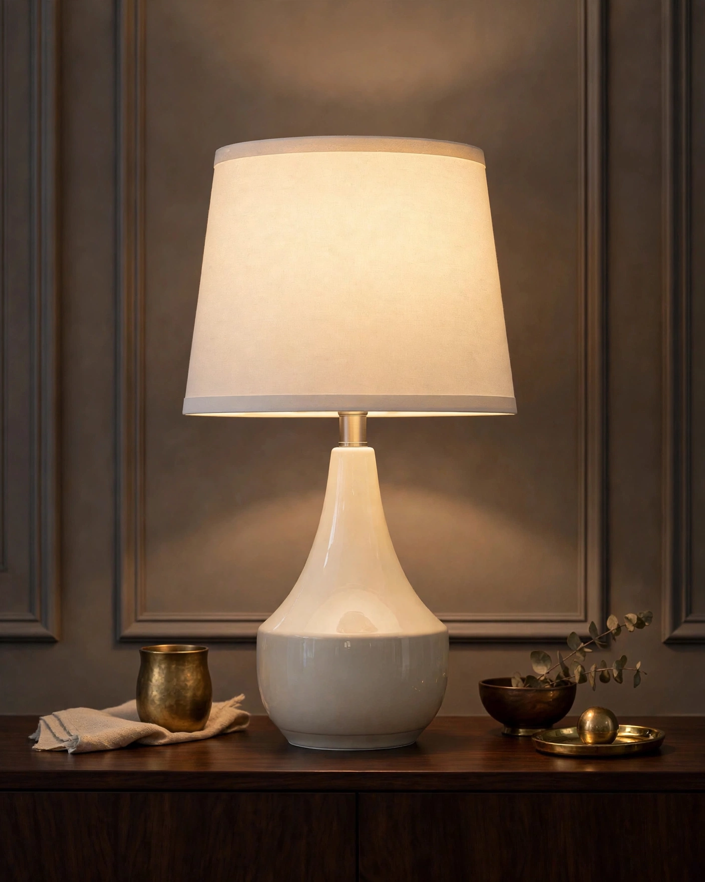 GyroVu pair of double-gourd cream ceramic table lamps with soft white linen shades