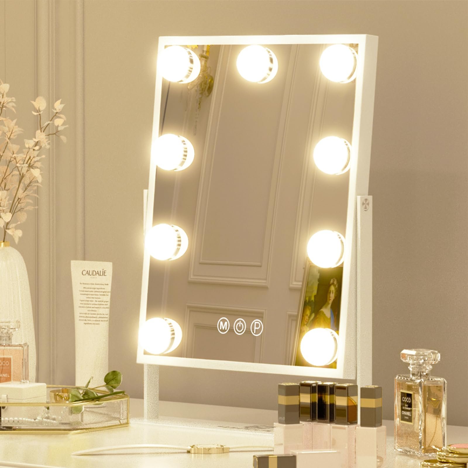 FENCHILIN Vanity Mirror with Lights, Hollywood Lighted Makeup Mirror with 15 Dimmable LED Bulbs, White