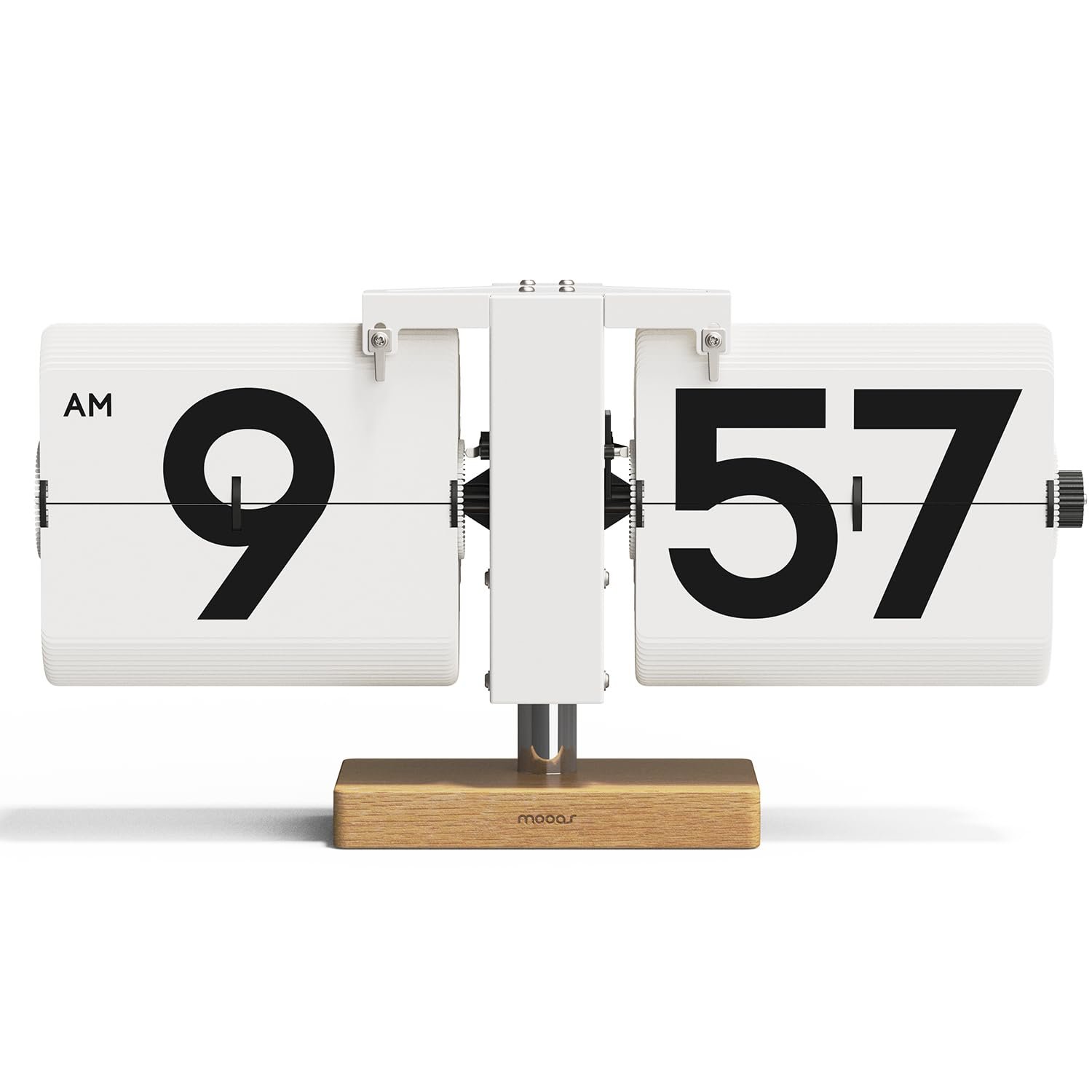 mooas Big Flip Desk Clock white with natural beech wood base