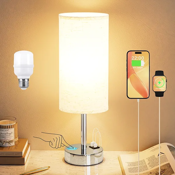 Dicoool Touch Bedside Table Lamp with USB A+C Charging Ports, 3-Way Dimmable, Wood Base
