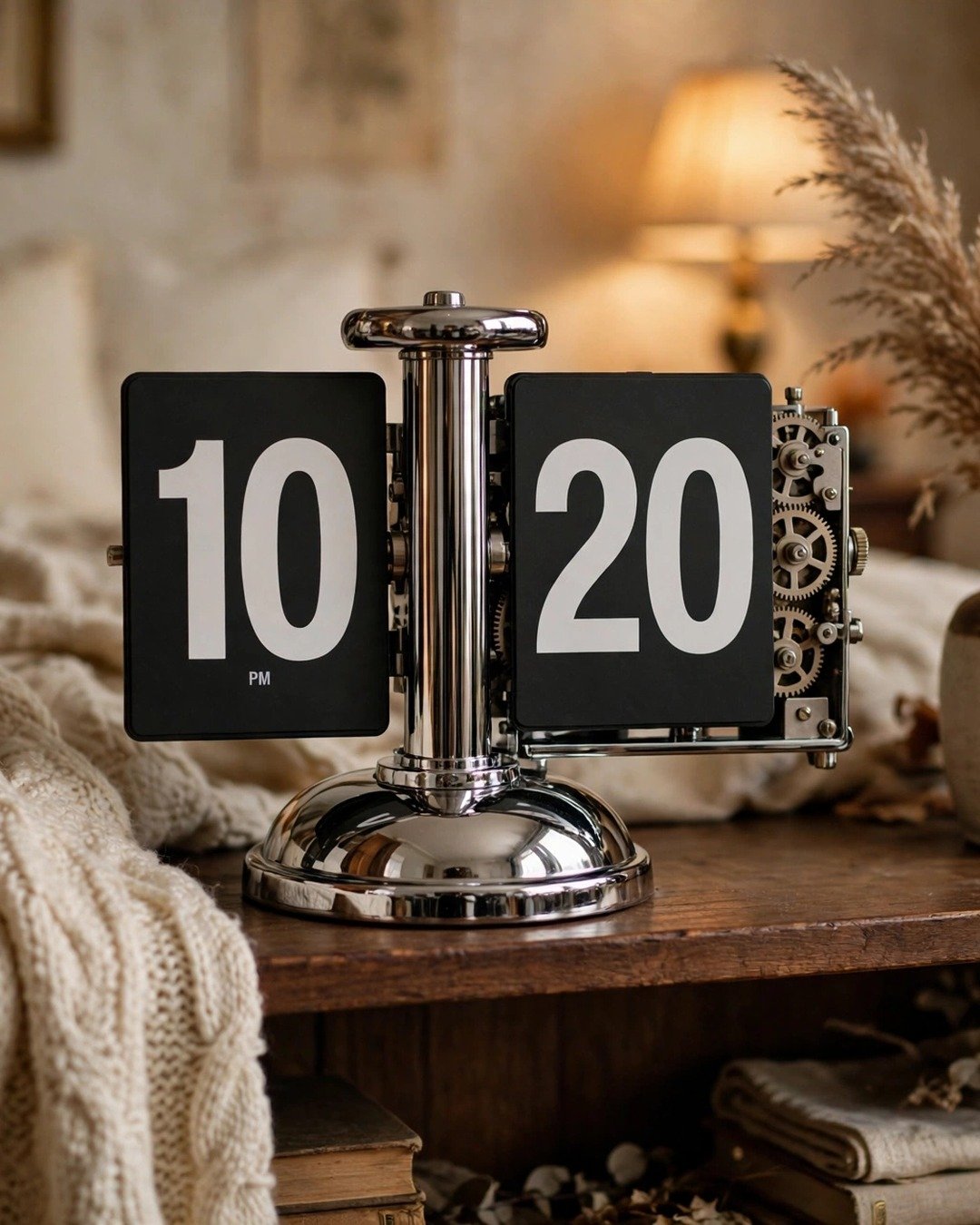 Betus retro flip desk clock in black styled on a cozy fall bedroom nightstand