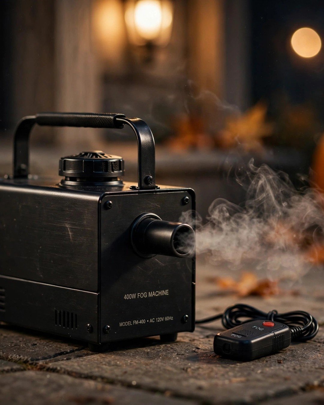 The Theefun 400W fog machine producing dense fog across a haunted Halloween porch with pumpkins and lanterns