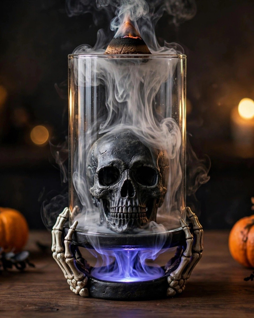 HaisWonsa black ceramic skull backflow incense burner pouring smoke like a waterfall, styled with pumpkins and black candles