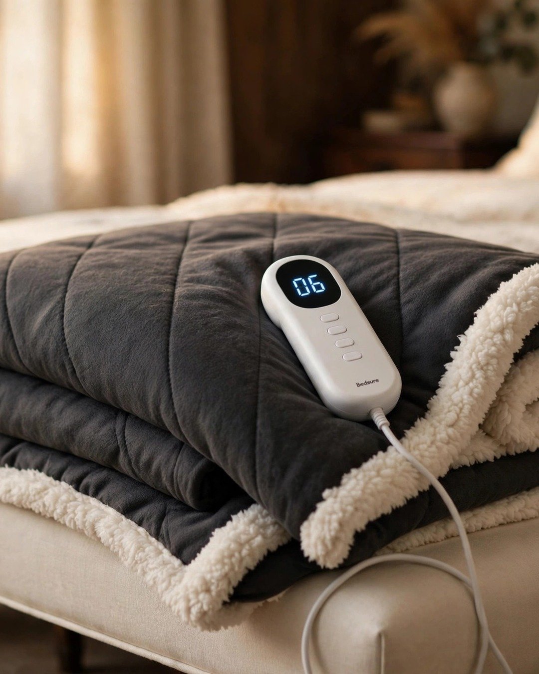 Bedsure dark grey heated throw blanket draped on an ivory armchair in a cozy fall bedroom