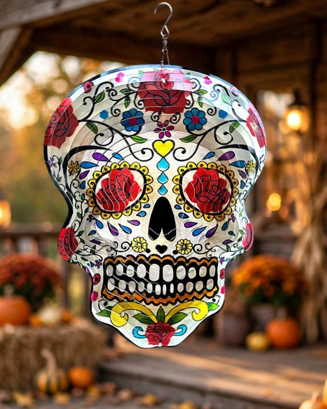 FONMY sugar skull wind spinner, 12-inch 3D stainless steel calavera kinetic art spinning in the breeze, styled with pumpkins and mums