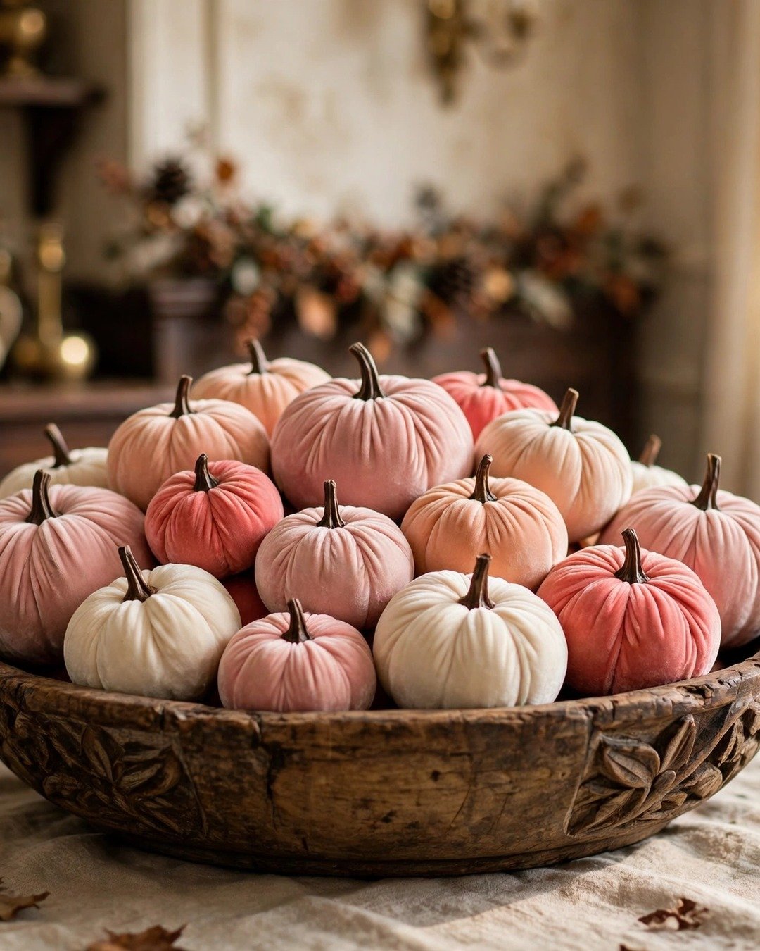 Winlyn 16-piece pink velvet pumpkin set in blush, coral, peach and cream, styled on a mantel for pink Halloween decor