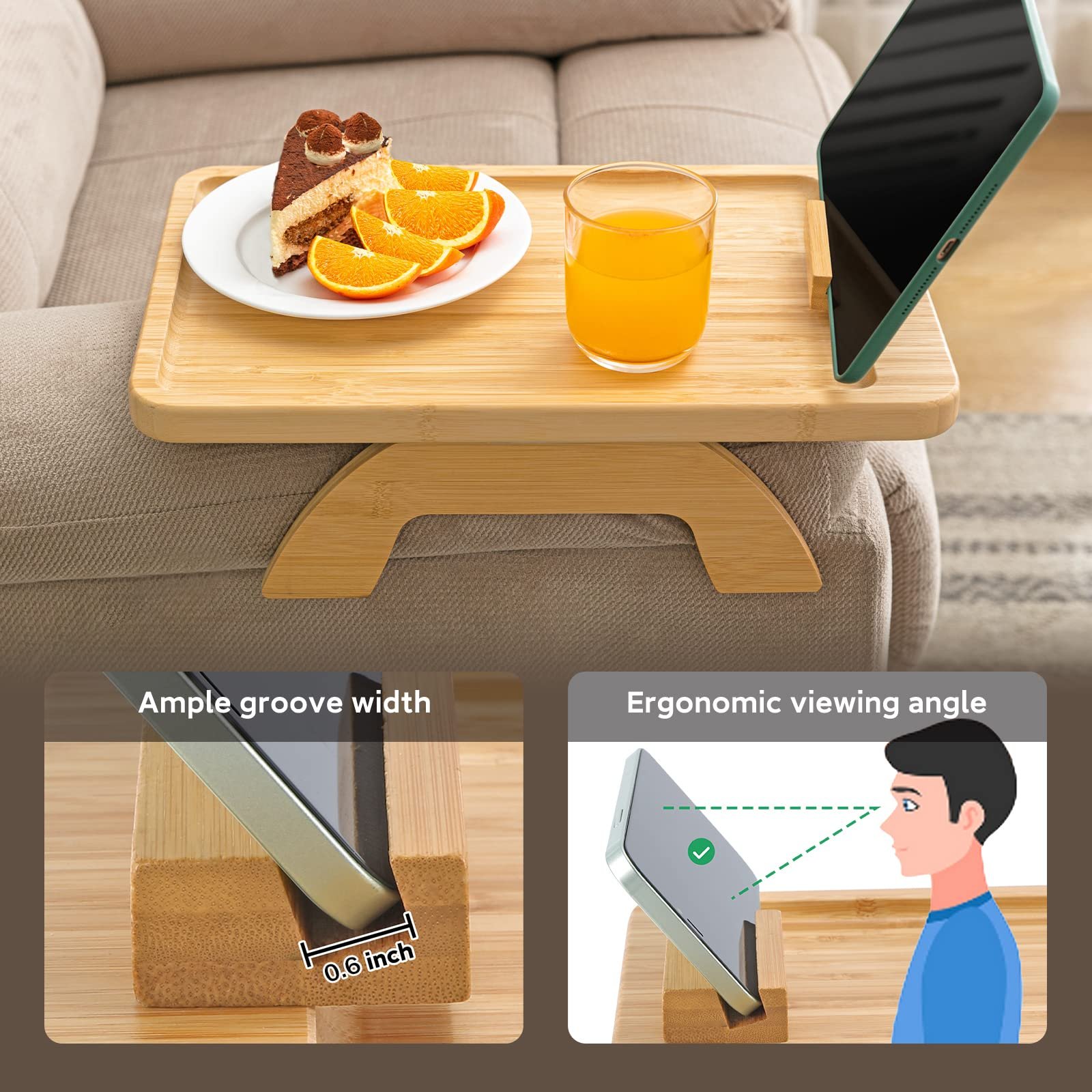 SINWANT bamboo couch arm clip-on tray with 360 degree phone holder