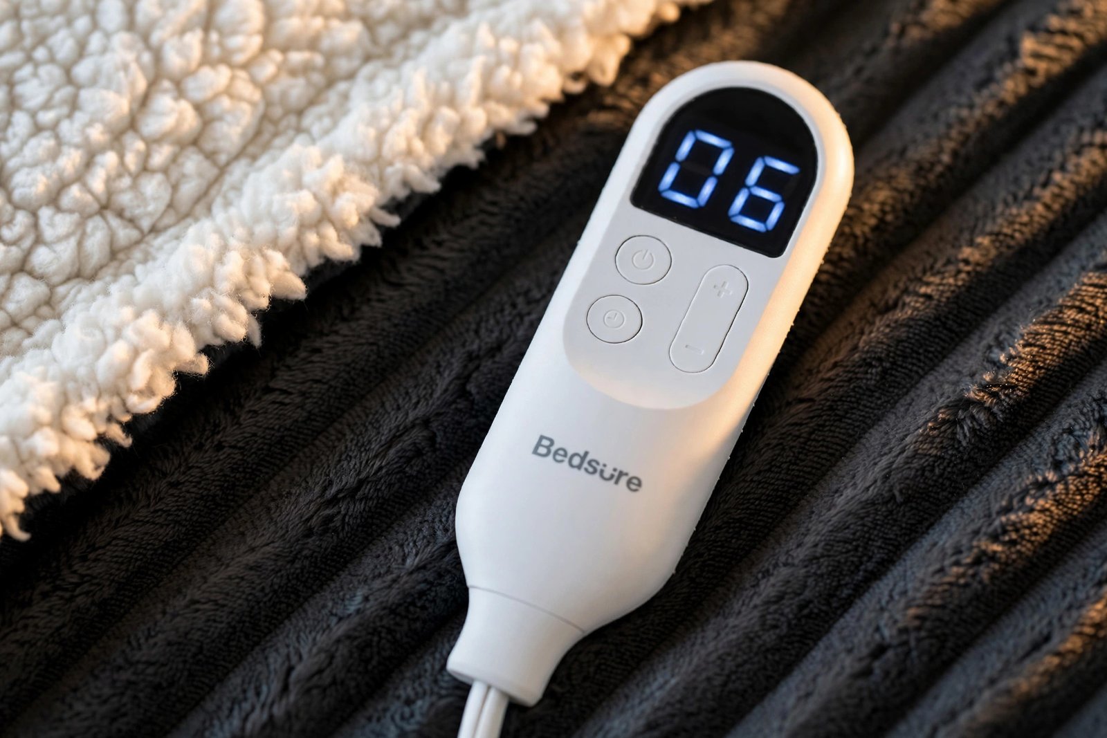 Close-up of the white LED controller with blue display on dark grey flannel