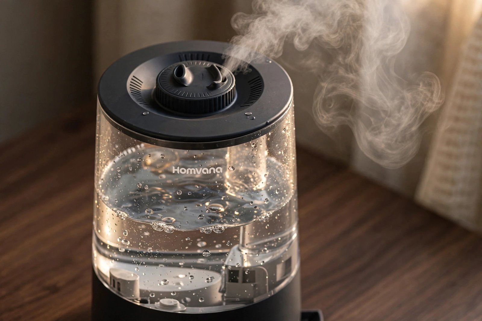Close-up of the Homvana H101 humidifier's mist nozzle and clear 3.6L water tank