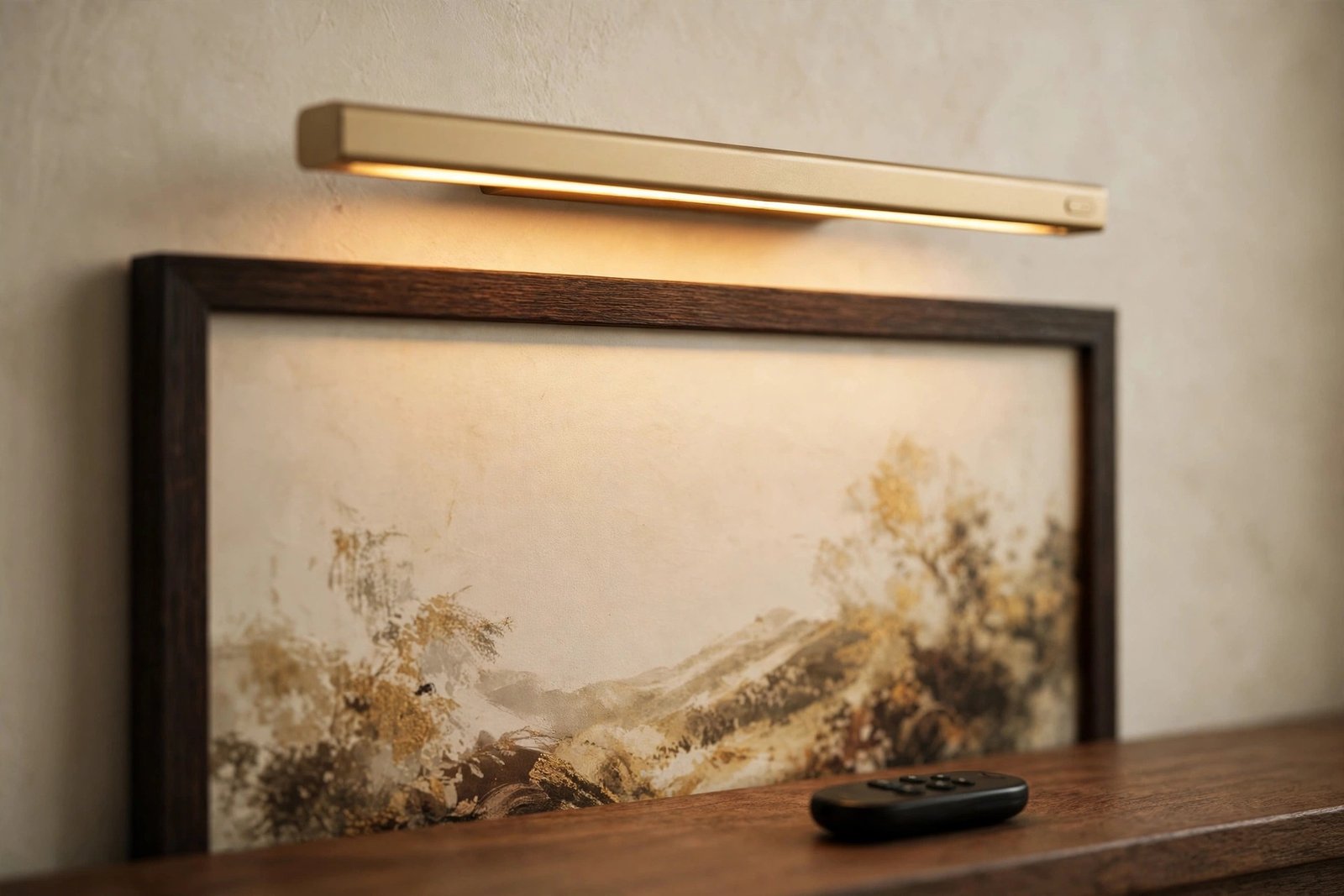 Close-up of the slim gold EZVALO picture light bar with remote control