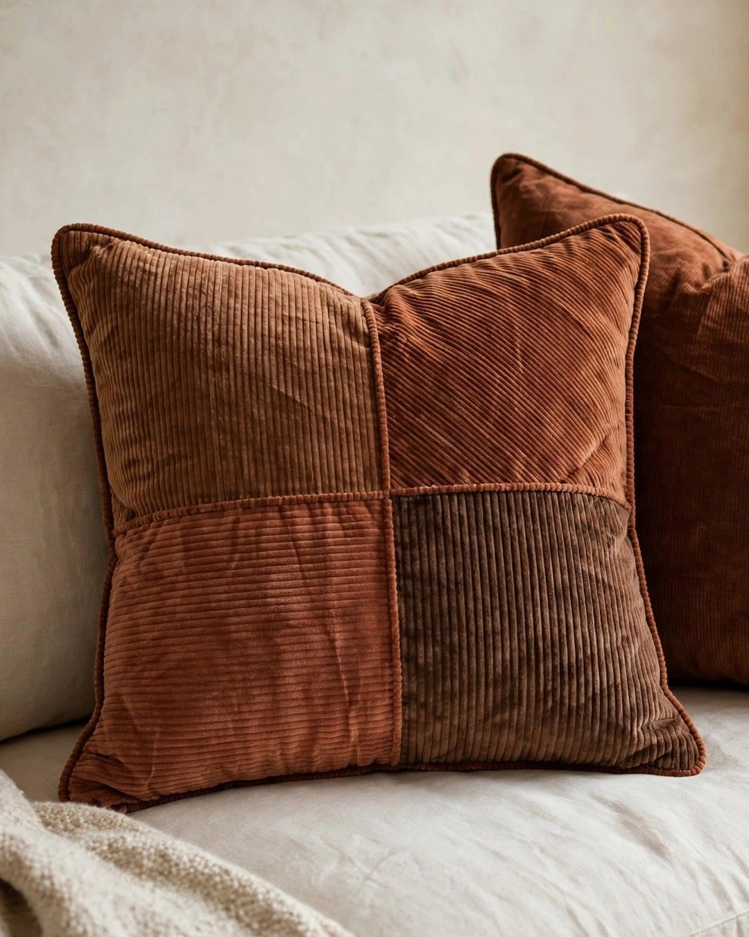 Fancy Homi rust corduroy patchwork pillow covers on a sofa