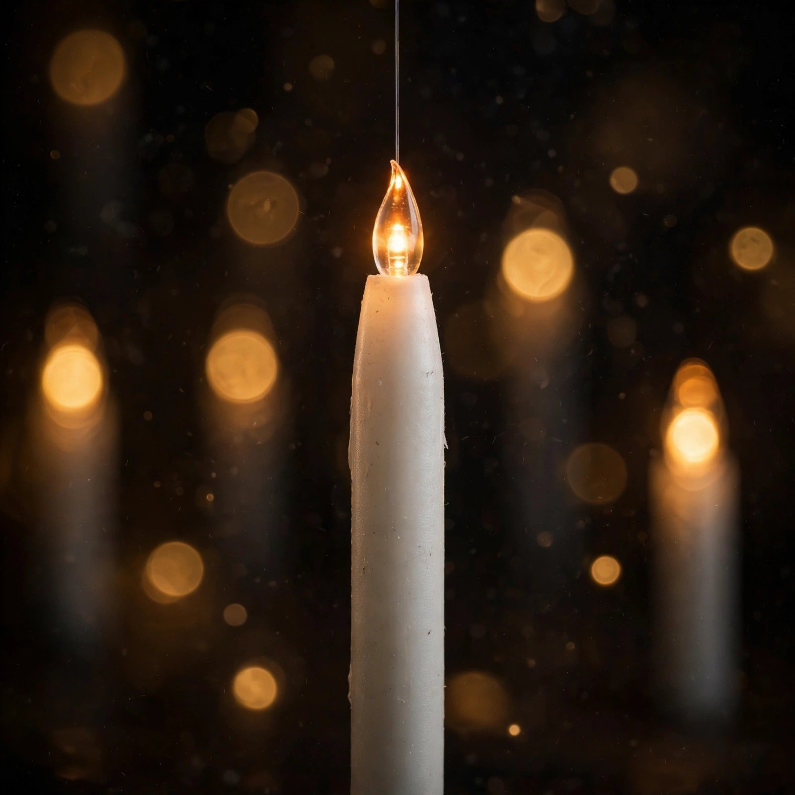 Close-up of a white tapered Leejec floating candle with a glowing flickering amber flame tip