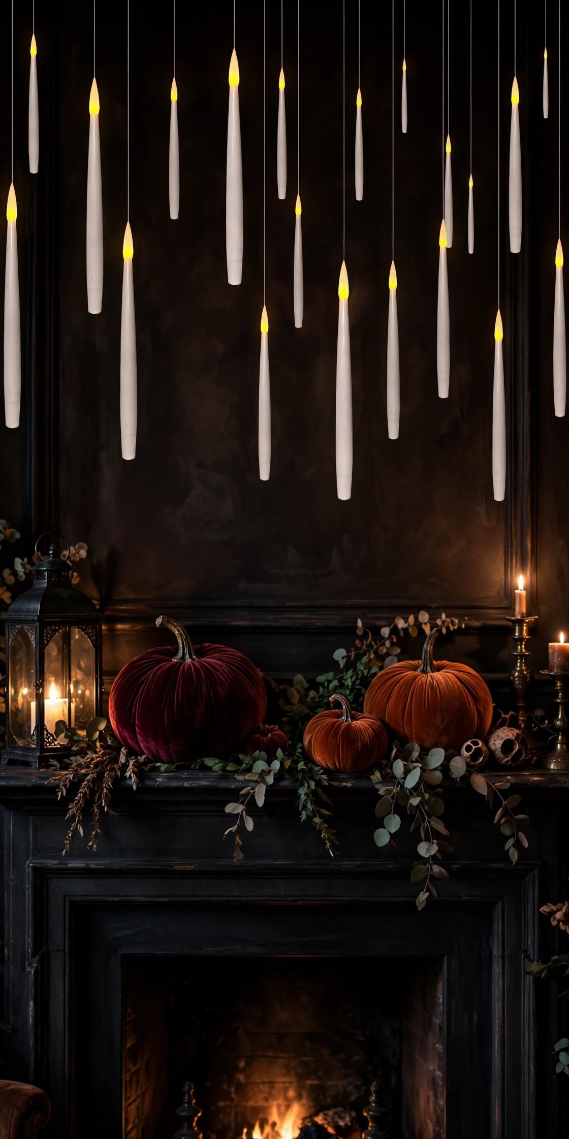 Leejec floating LED taper candles glowing above a dark styled fireplace mantel with velvet pumpkins and a lantern