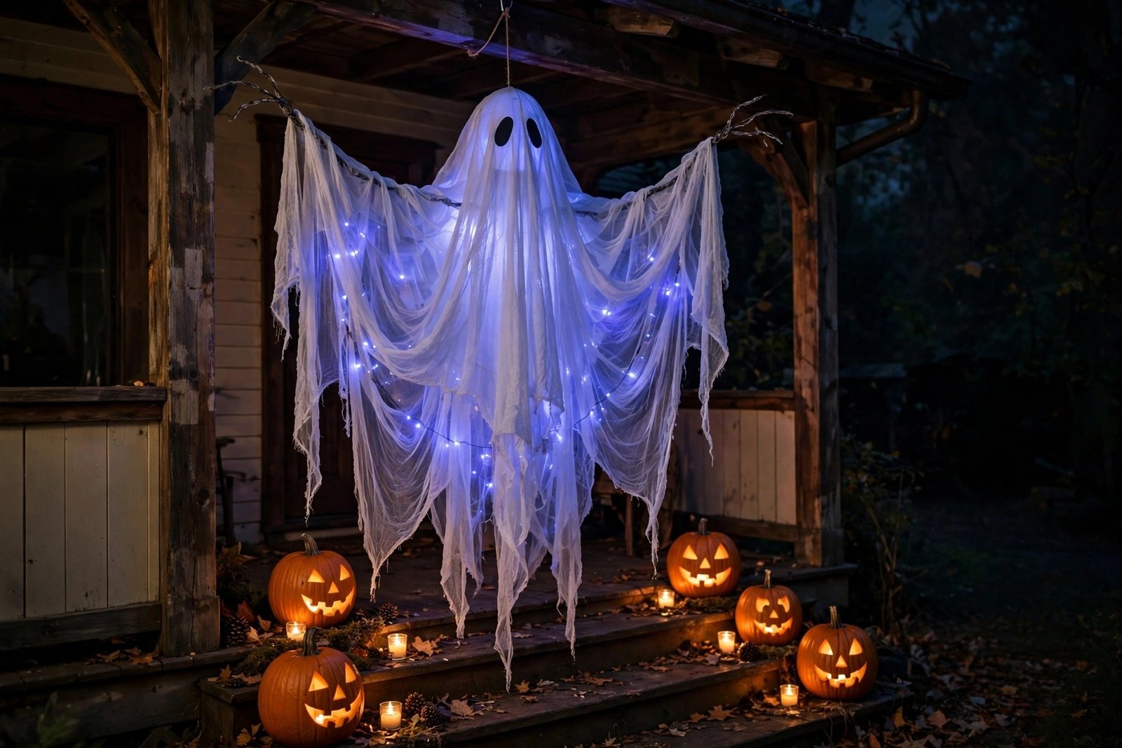 JOYIN 47-inch light-up hanging ghost with blue LED glow on a Halloween porch with jack-o-lanterns