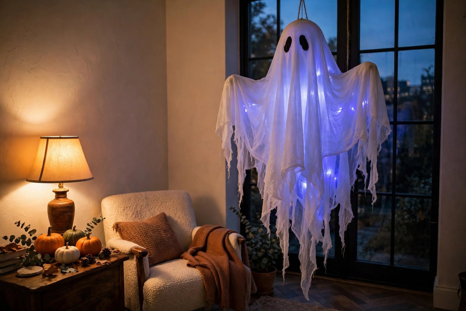 JOYIN light-up hanging ghost glowing blue beside a cozy living-room window with pumpkins and a warm lamp