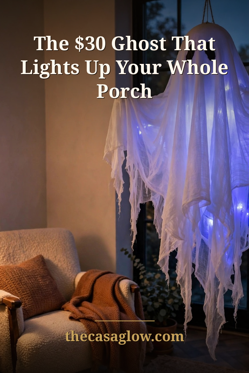 Pinterest pin: the $30 ghost that lights up your whole porch — JOYIN light-up hanging ghost Halloween decor