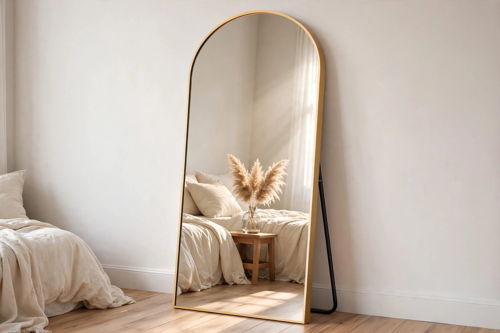 NeuType gold arched full-length floor mirror leaning against a bedroom wall