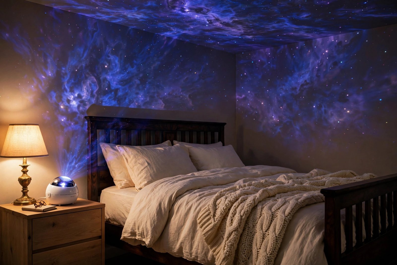 Cozy fall bedroom at night with ceiling and walls washed in galaxy nebula projection from a white dome projector on the nightstand