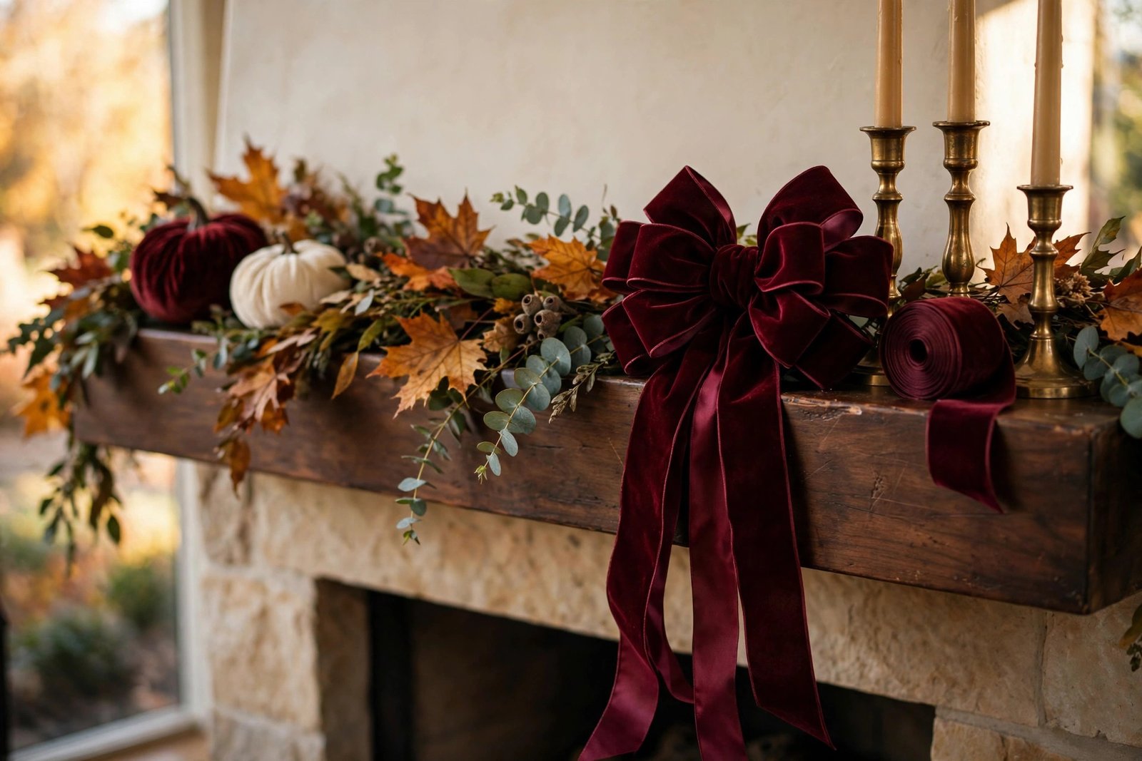 Burgundy velvet bow on a fall mantel with garland, pumpkins and brass candlesticks