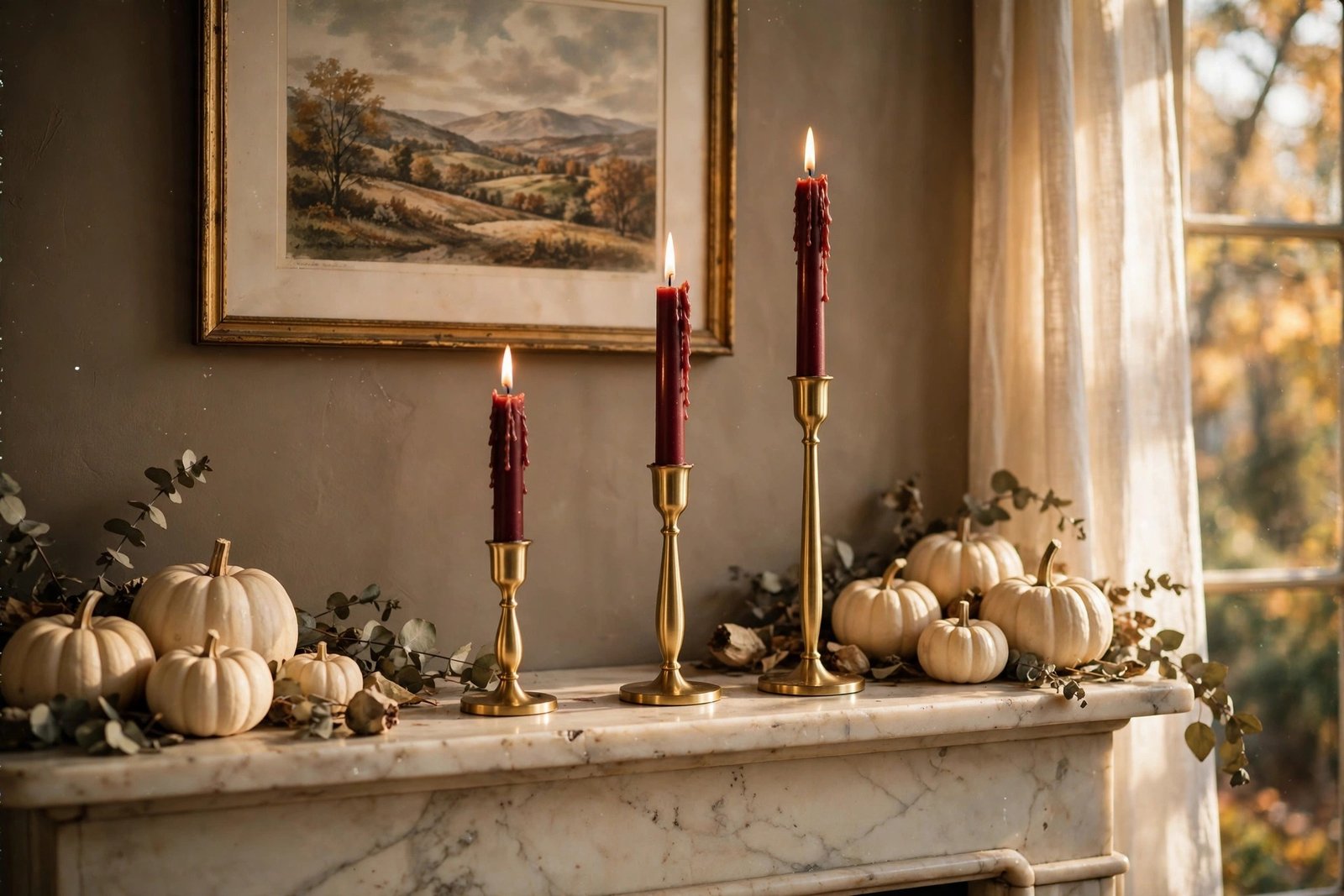 NUPTIO set of 3 brushed-brass taper candle holders with burgundy taper candles on a fall mantel