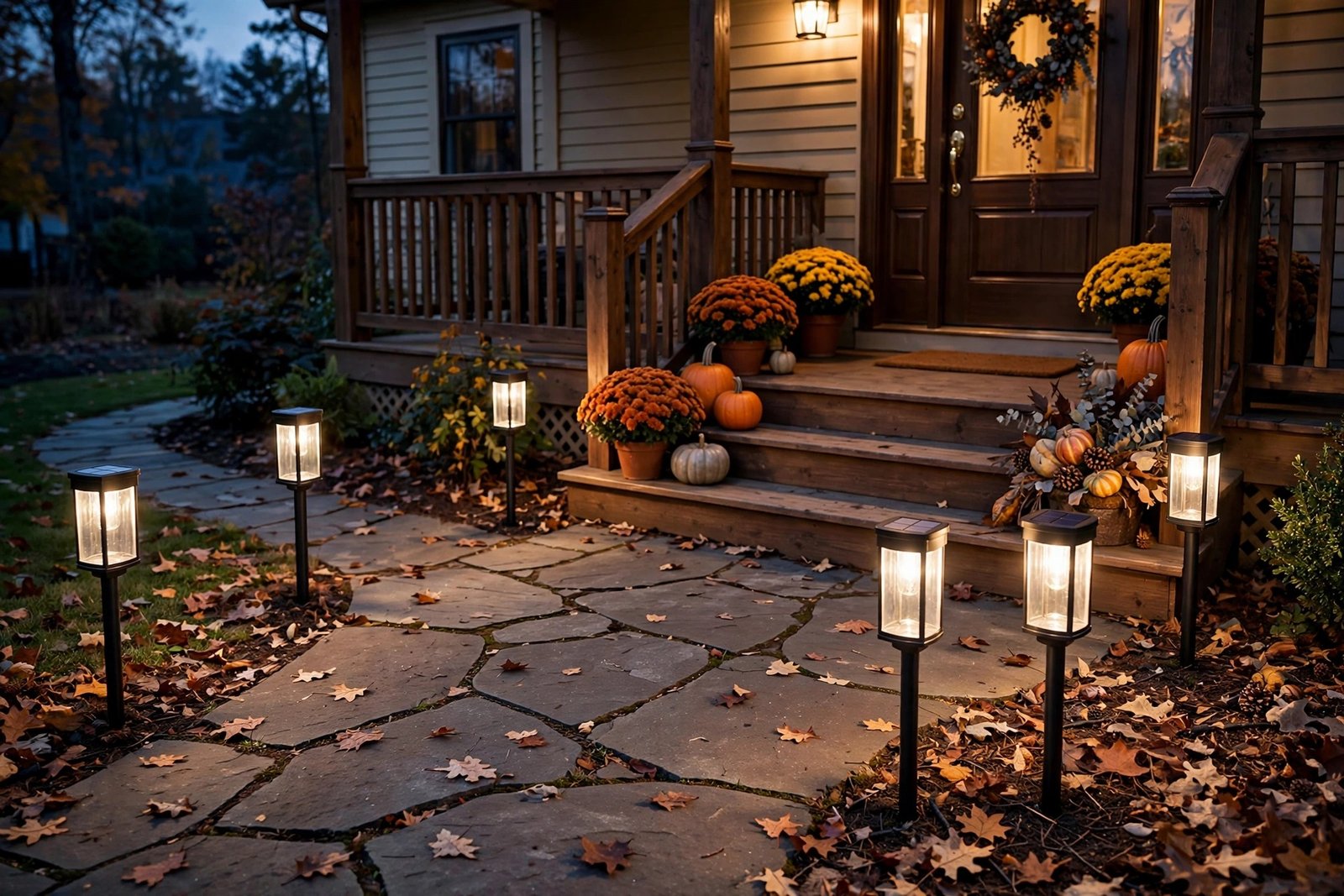 BITPOTT Solar Pathway Lights 8-Pack glowing along a fall front porch walkway at dusk