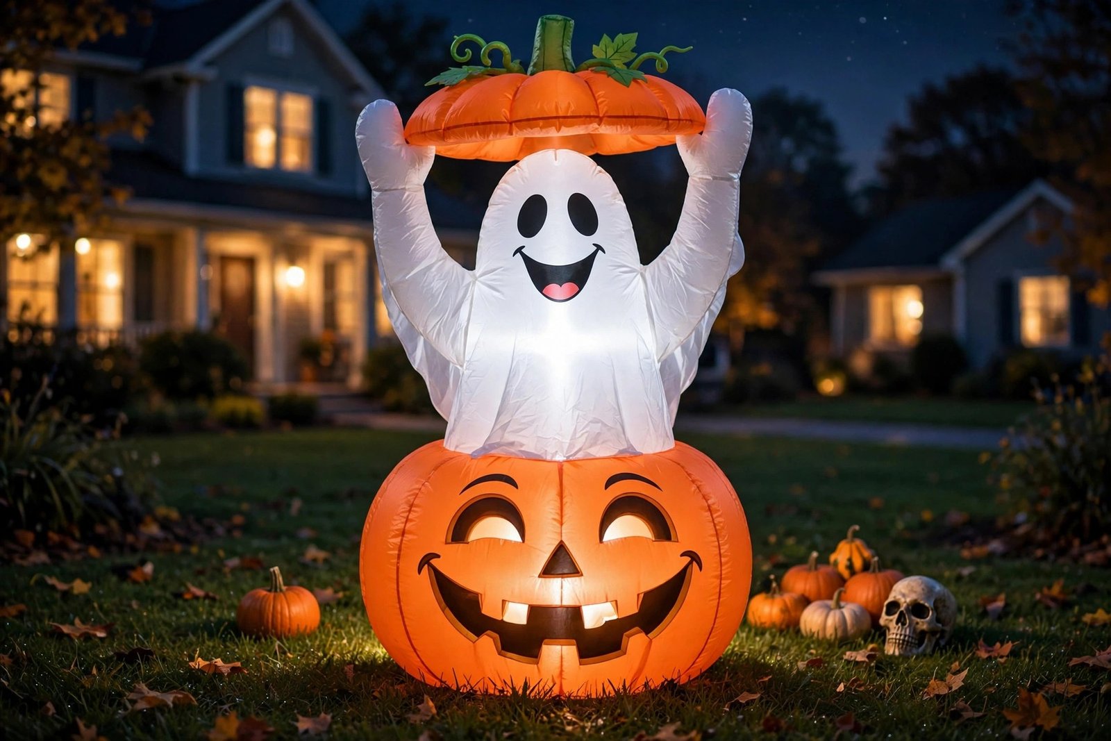Joiedomi 5ft Halloween inflatable ghost in pumpkin with LED lights glowing at night