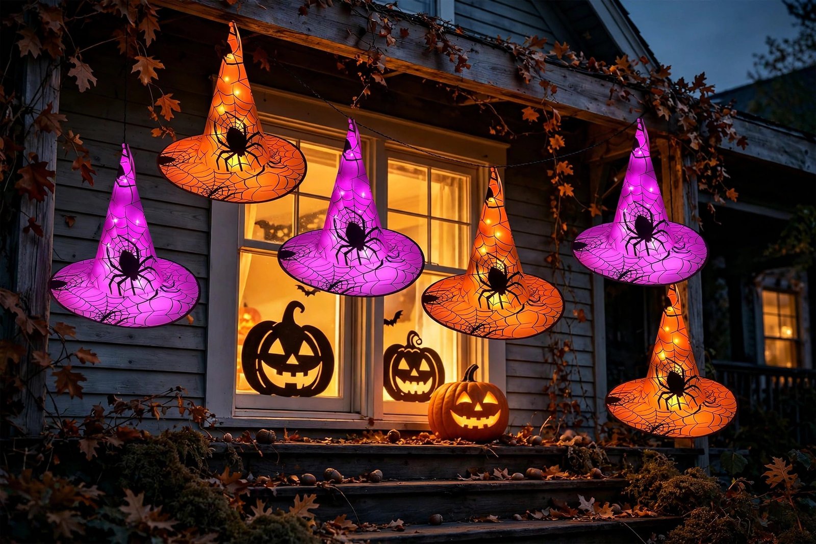 WATERGLIDE lighted hanging witch hats glowing at night on a Halloween porch