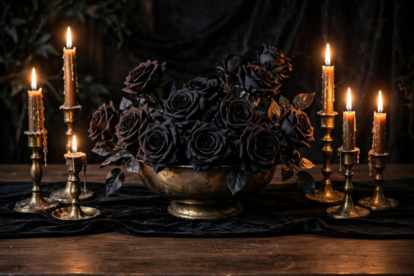 Laelfe black artificial roses styled in a gothic Halloween tablescape with candlelight