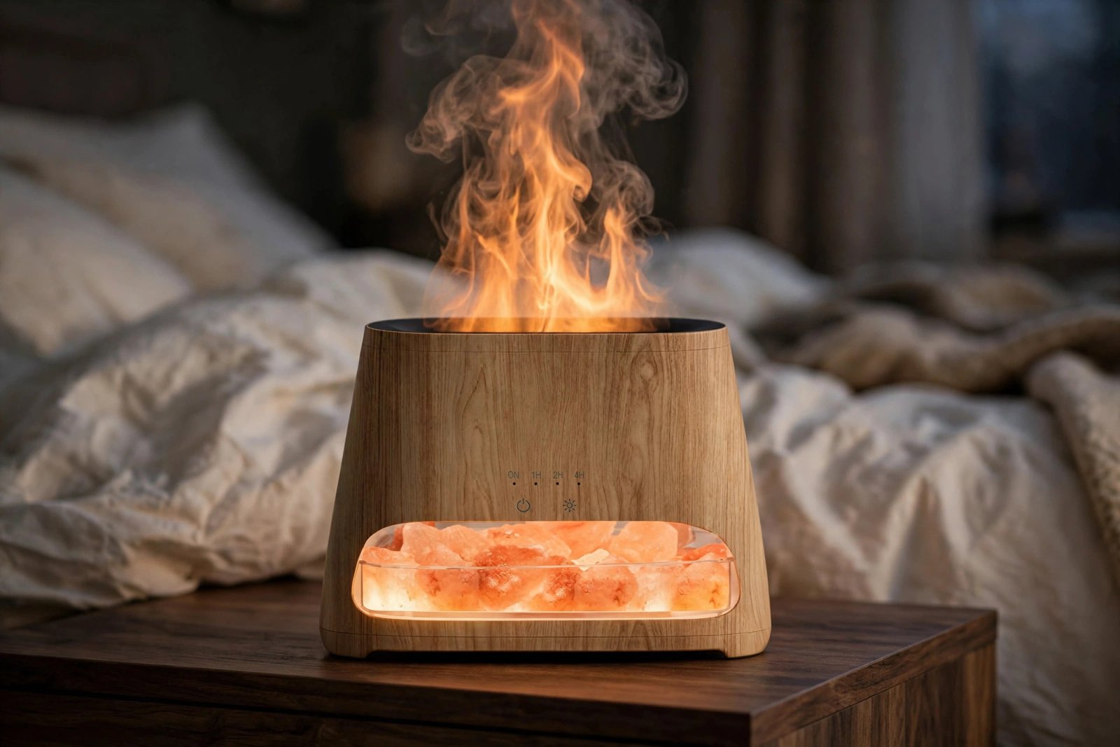 SALKING 2-in-1 Himalayan salt lamp diffuser with flame effect glowing on a winter bedroom nightstand