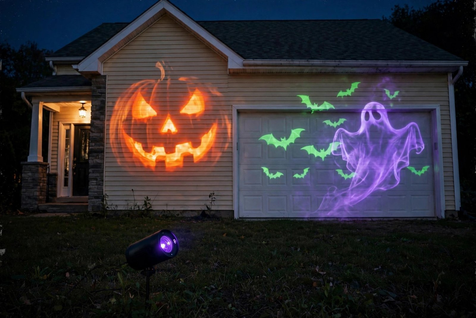 Aurelema 12-in-1 Halloween projector light throwing a glowing jack-o'-lantern, bats and ghost across a house facade at night