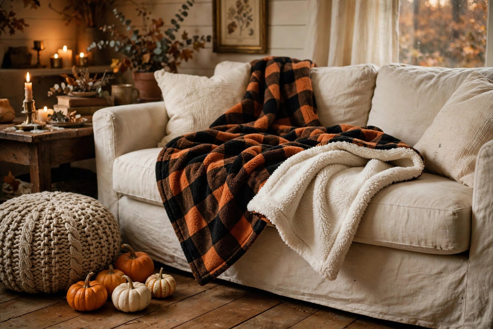PAVILIA black and orange buffalo plaid sherpa throw blanket draped on a cream sofa in a fall living room