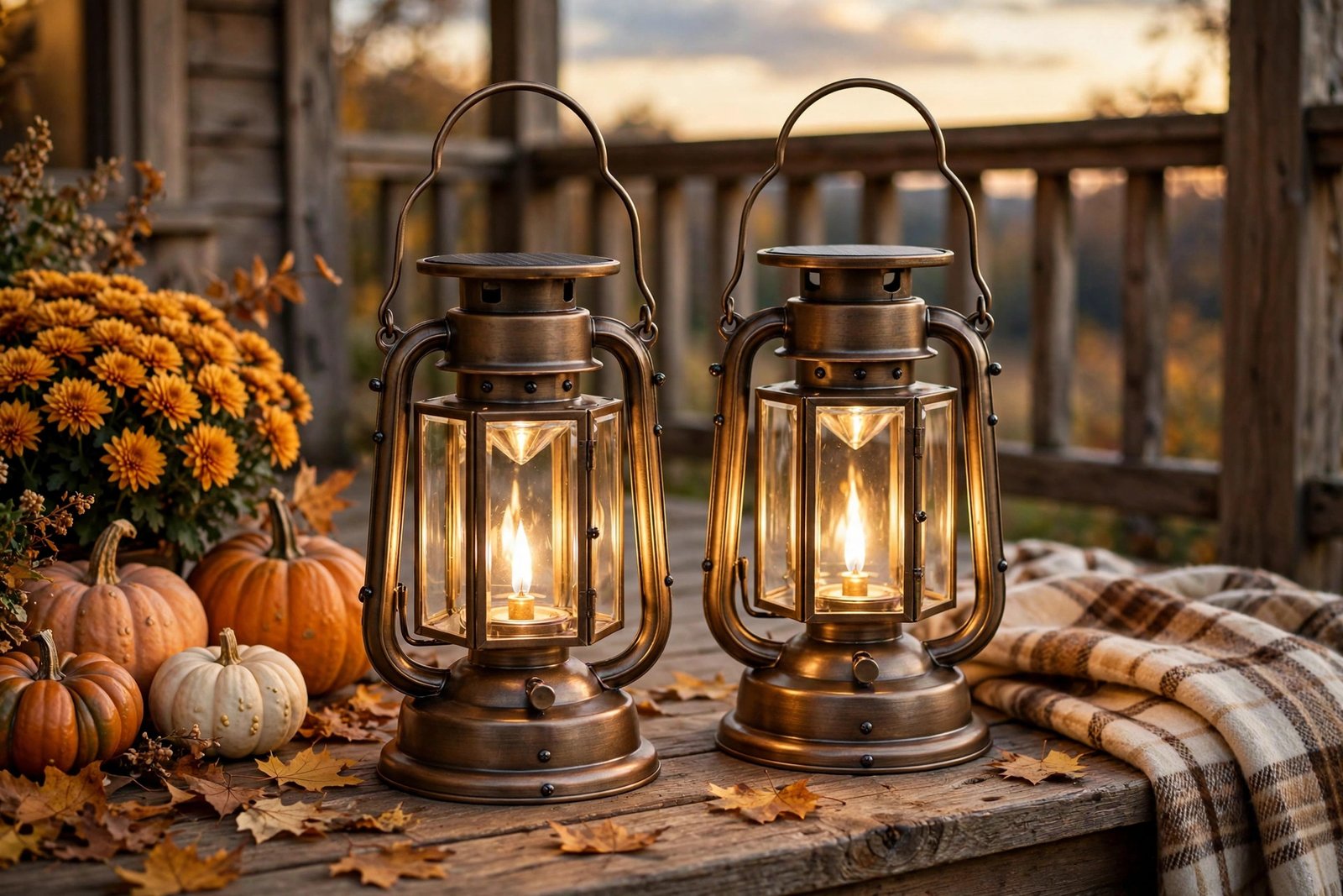 TomCare bronze solar flame lanterns glowing on a fall porch with pumpkins — thecasaglow.com