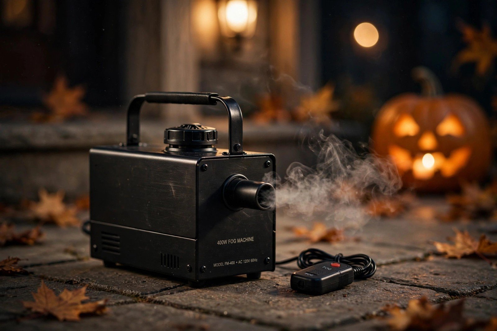 Theefun 400W fog machine on a Halloween porch at night, emitting white fog