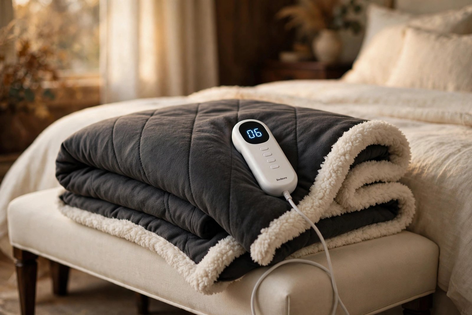 Bedsure heated throw blanket folded on a bedroom bench with LED controller