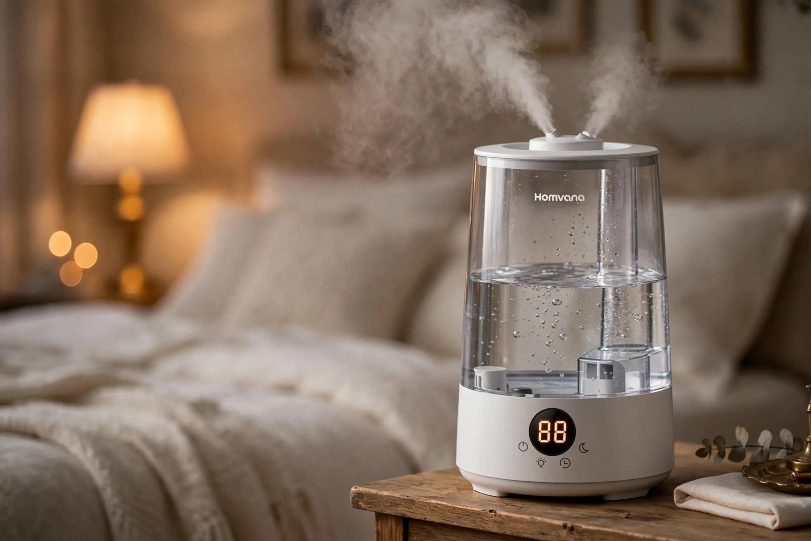 Homvana H101 3.6L cool mist humidifier with clear tank on a wooden nightstand in a cozy bedroom at dusk