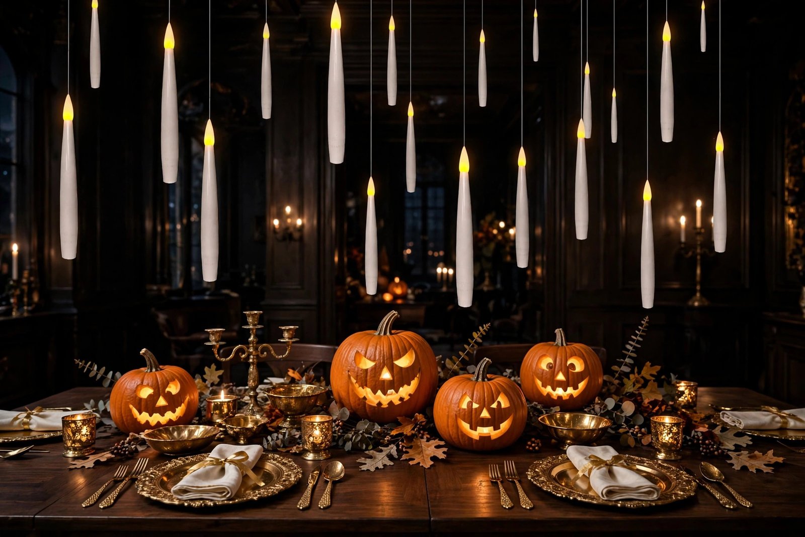 White tapered floating LED candles with warm flickering flames hanging over a dark styled Halloween dining table with glowing jack-o-lanterns