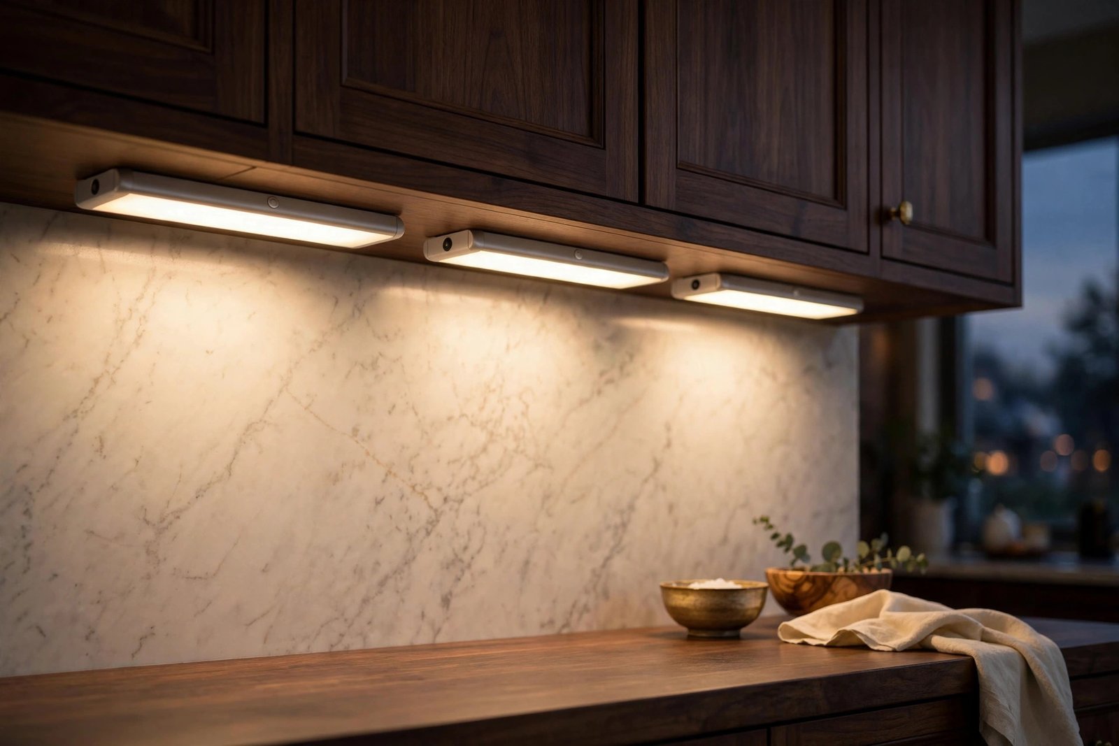 EZVALO motion sensor under cabinet lights glowing warm white beneath walnut kitchen cabinets