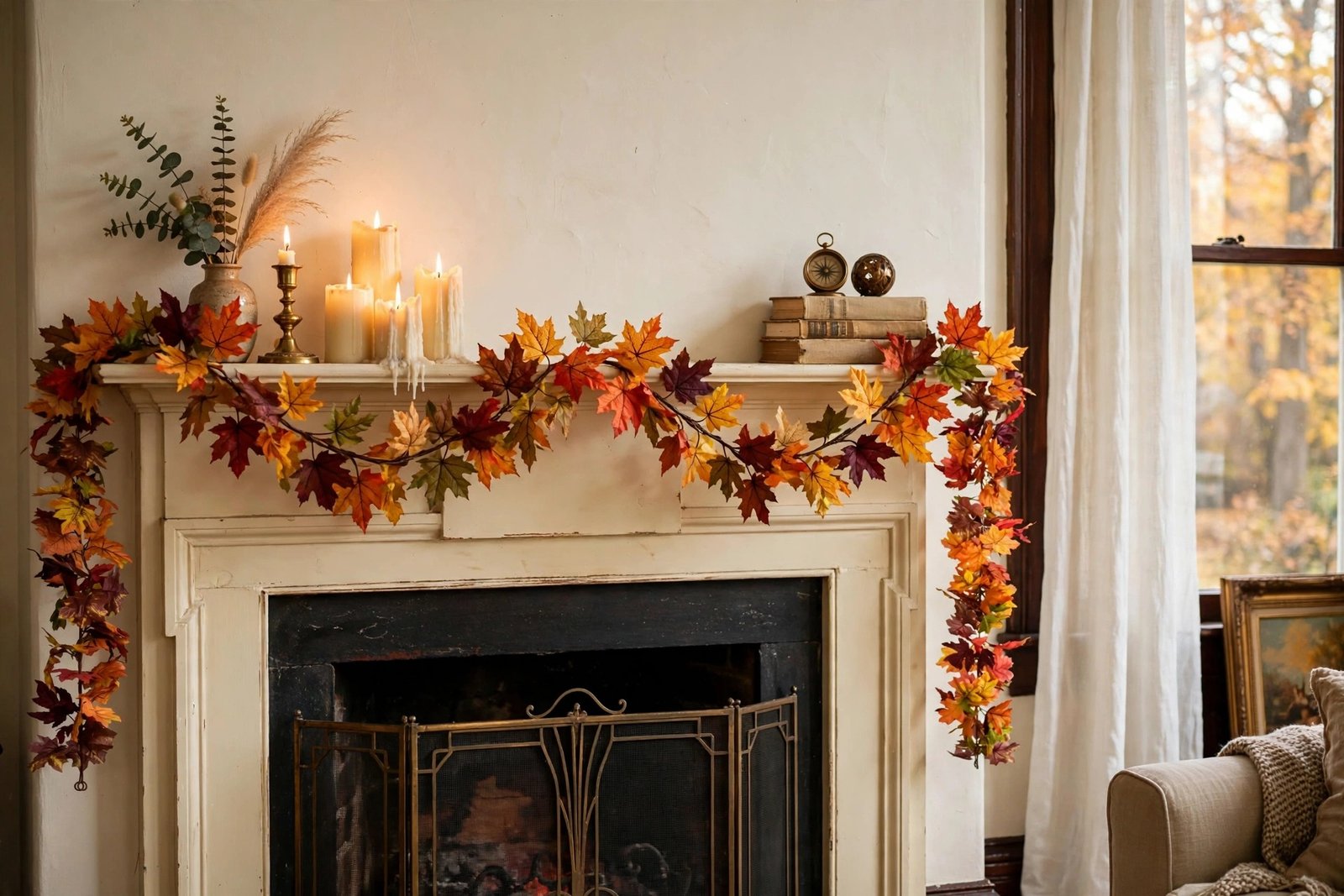 DearHouse fall maple leaf garland draped on a cream fireplace mantel